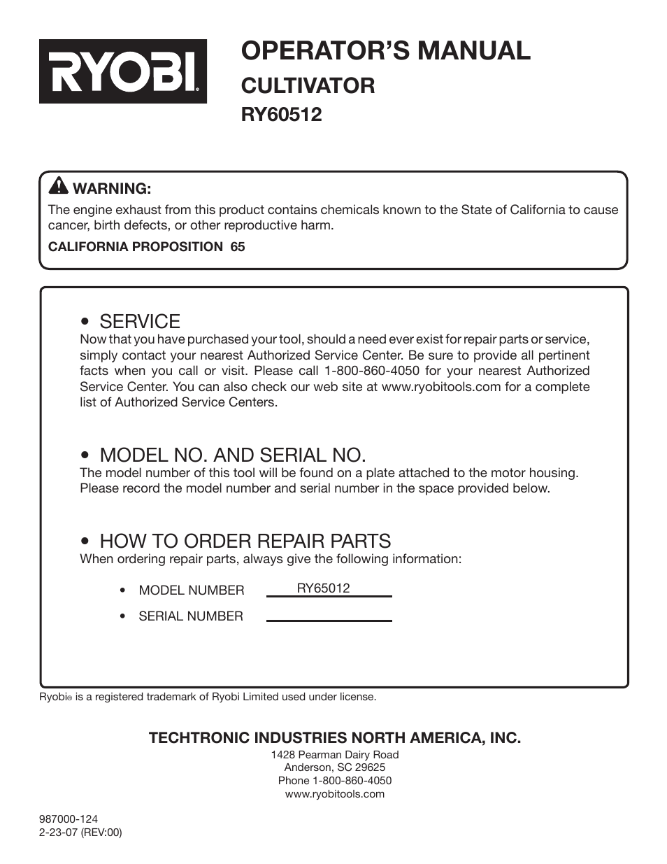 Operator’s manual, Cultivator, Service | Model no. and serial no, How to order repair parts | Ryobi RY60512 User Manual | Page 22 / 22