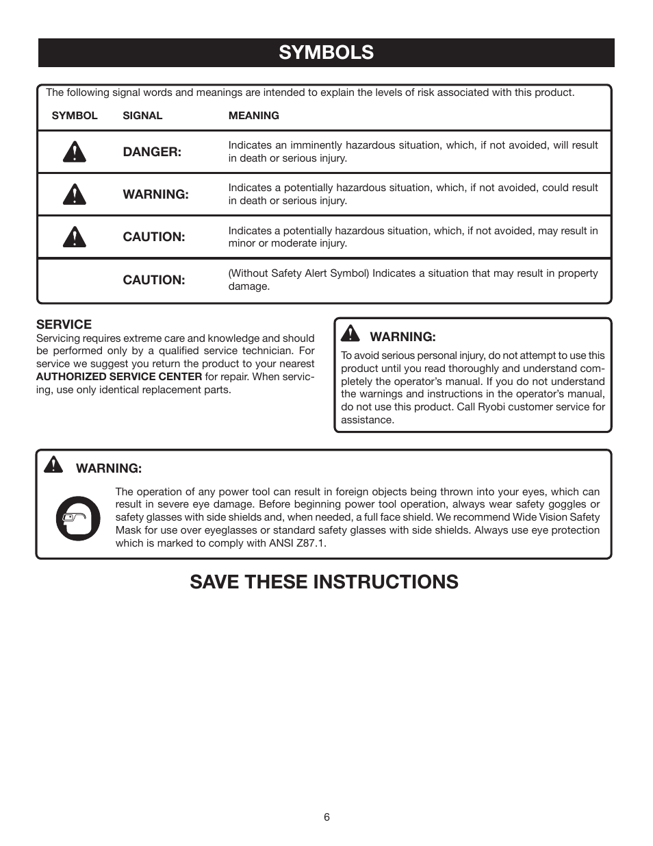 Symbols, Save these instructions | Ryobi RY60512 User Manual | Page 6 / 22