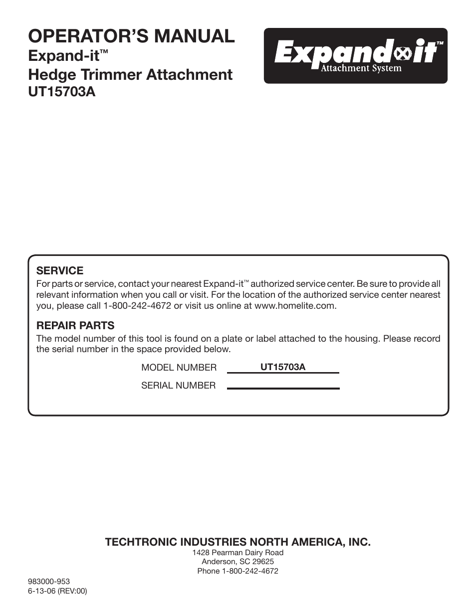 Operator’s manual, Expand-it, Hedge trimmer attachment | Ryobi Expand-it UT15703A User Manual | Page 12 / 12