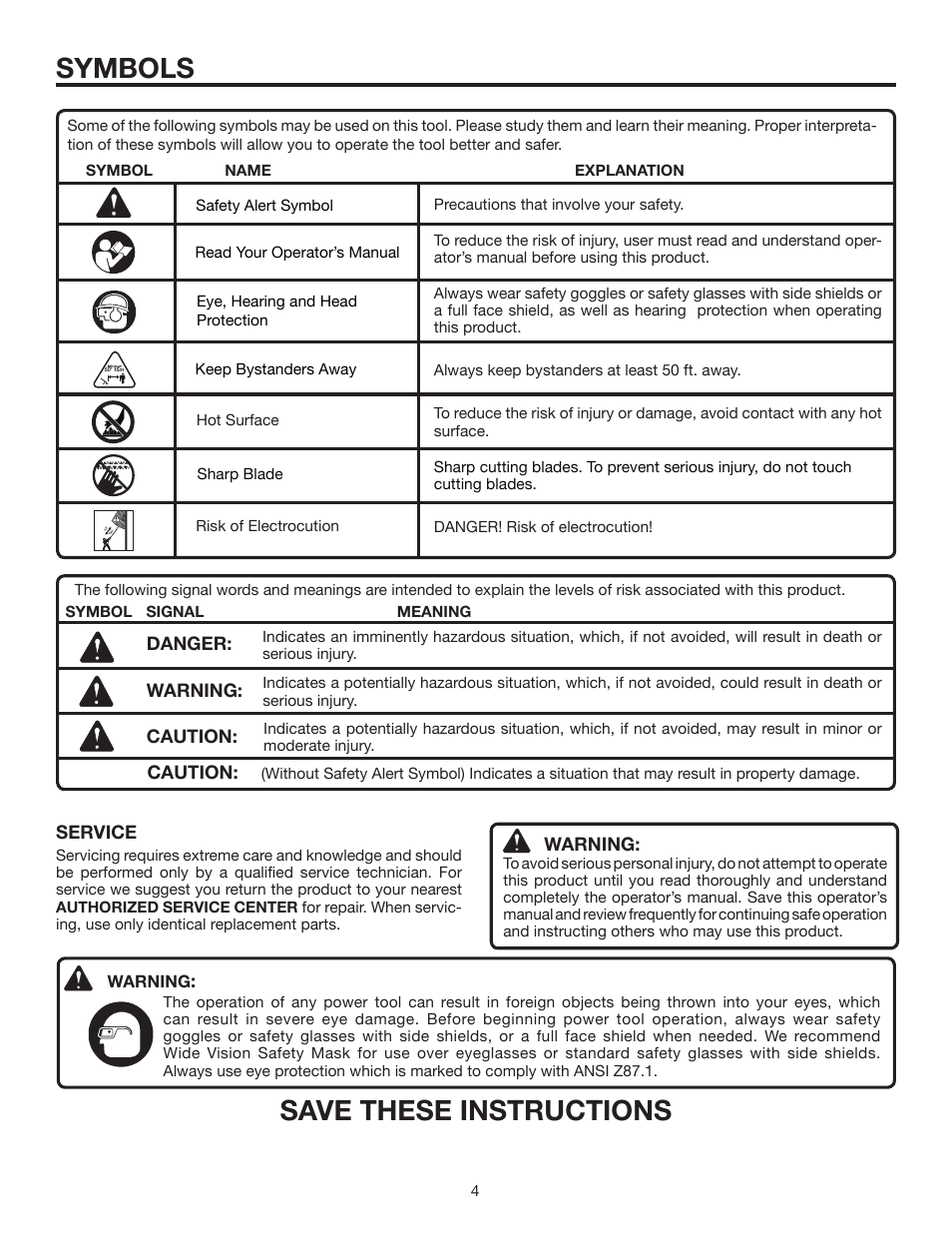 Symbols, Save these instructions | Ryobi Expand-it UT15703A User Manual | Page 4 / 12