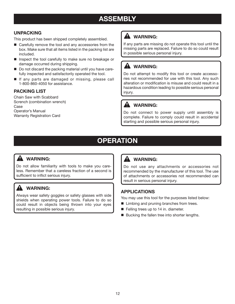 Assembly, Operation | Ryobi RY43006 User Manual | Page 12 / 30