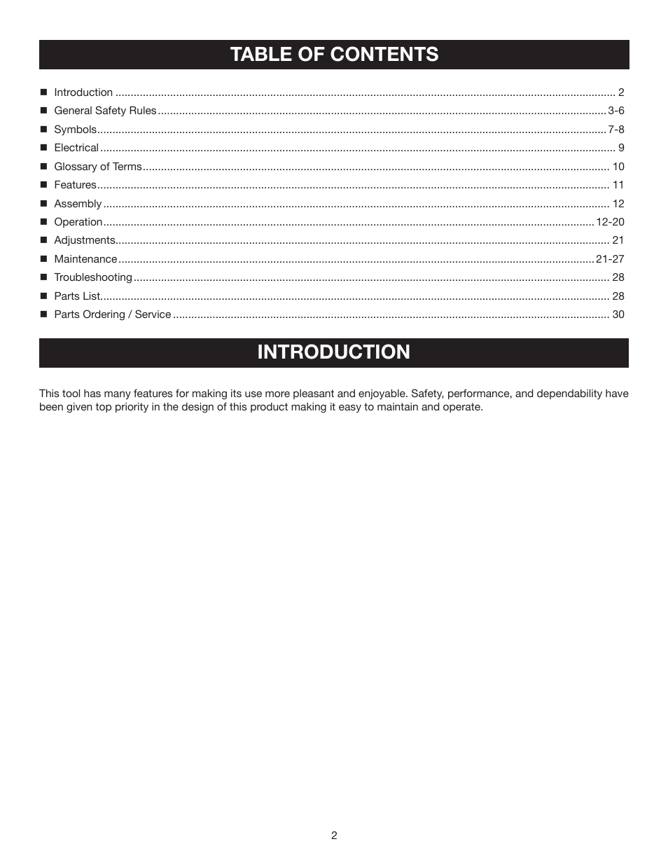 Table of contents introduction | Ryobi RY43006 User Manual | Page 2 / 30