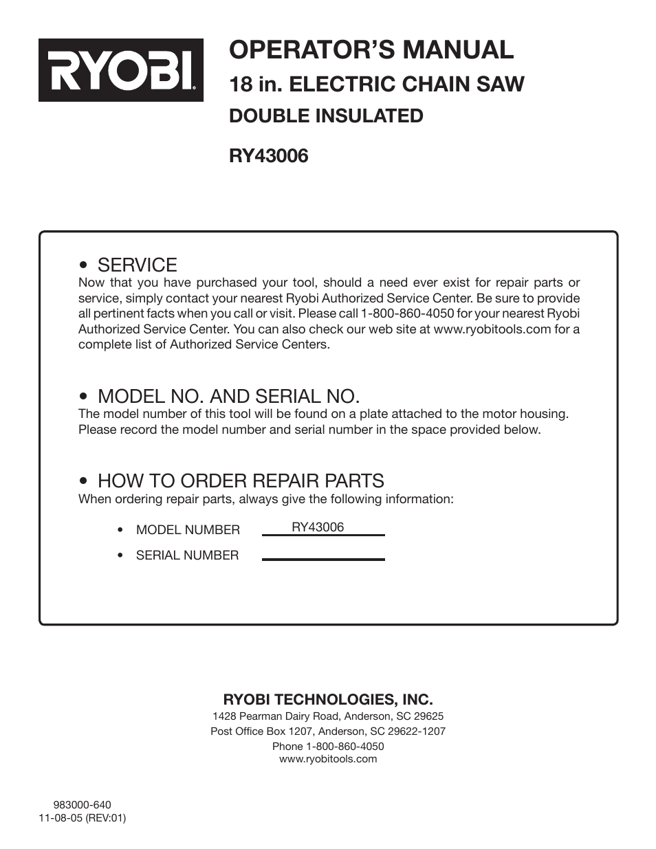 Operator’s manual, 18 in. electric chain saw, Service | Model no. and serial no, How to order repair parts | Ryobi RY43006 User Manual | Page 30 / 30