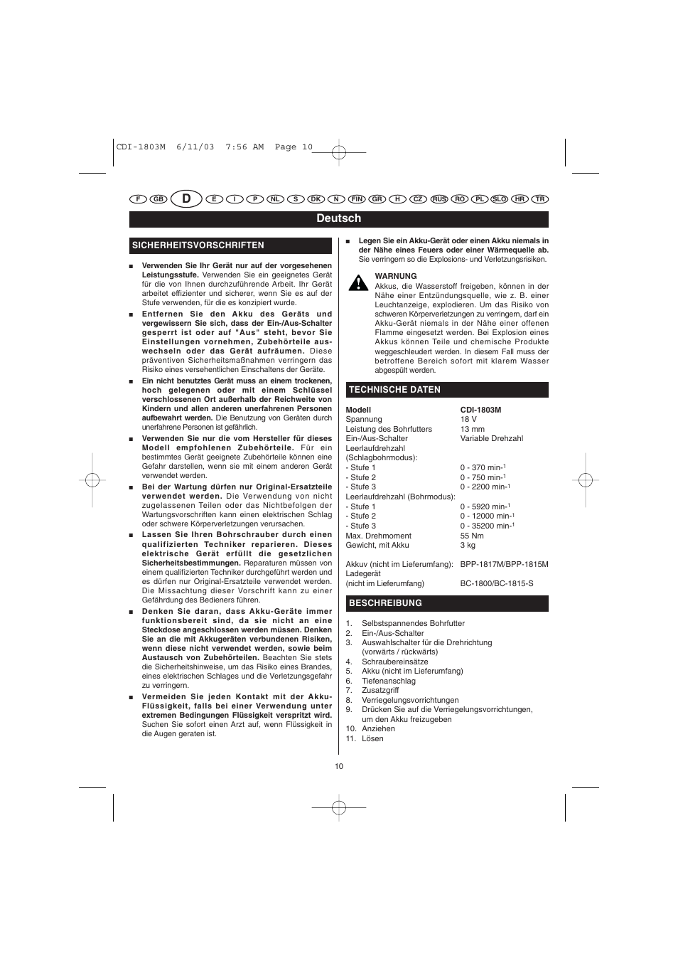 Deutsch | Ryobi CDI-1803M User Manual | Page 10 / 50