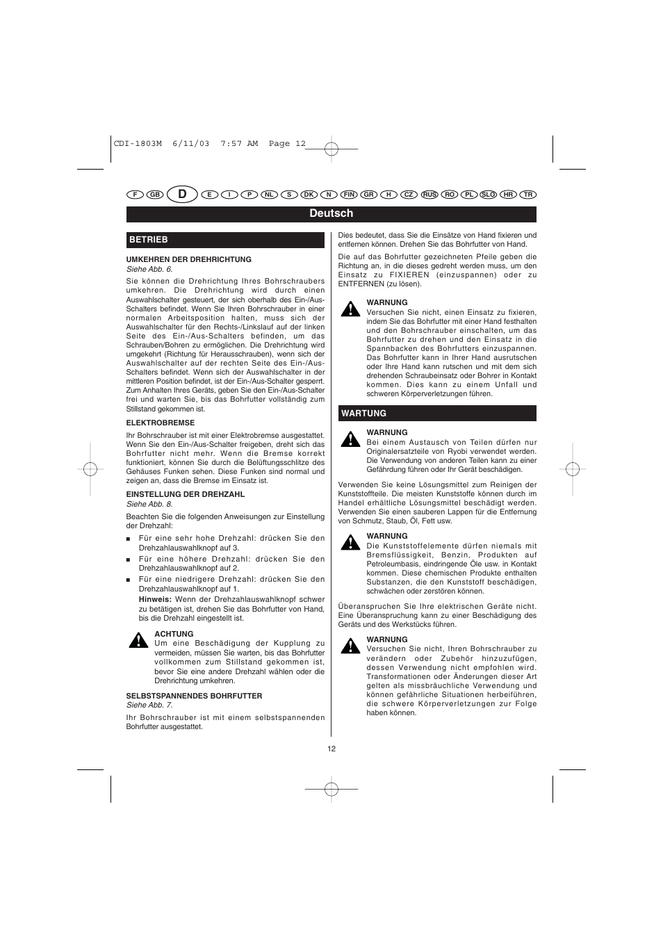 Deutsch | Ryobi CDI-1803M User Manual | Page 12 / 50