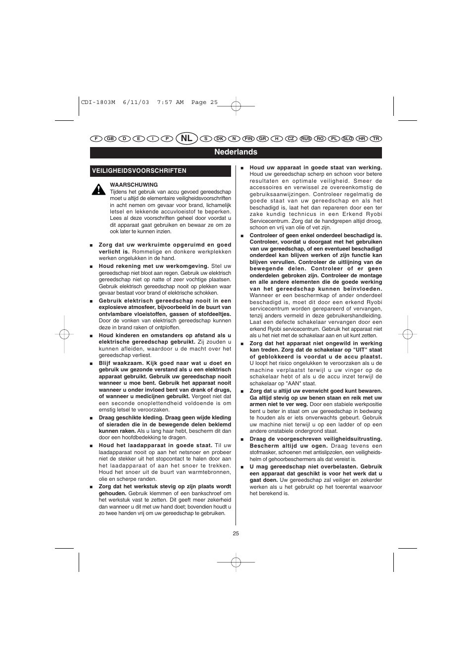 Nederlands | Ryobi CDI-1803M User Manual | Page 13 / 50