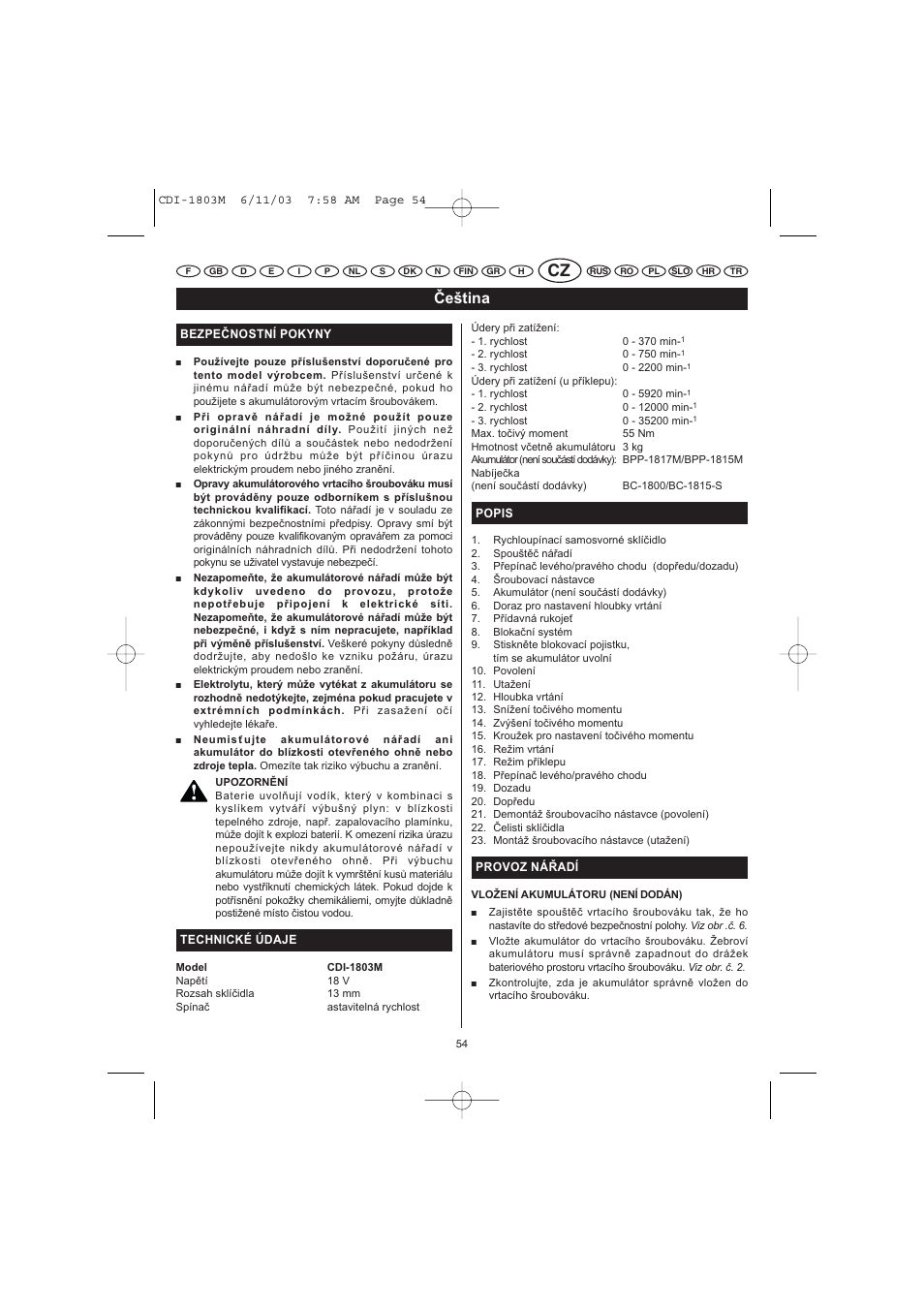 Čeština | Ryobi CDI-1803M User Manual | Page 22 / 50