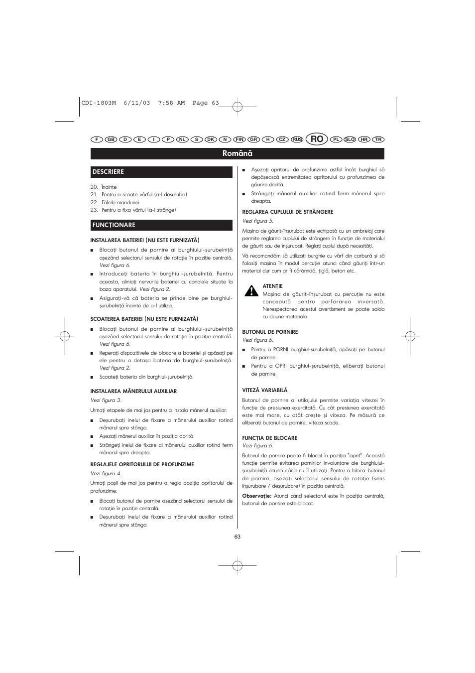 Română | Ryobi CDI-1803M User Manual | Page 31 / 50