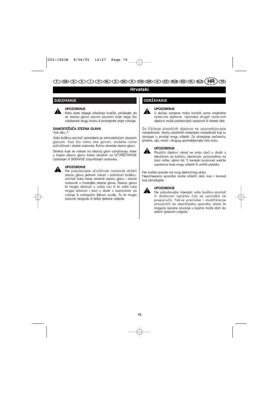 Hrvatski | Ryobi CDI-1803M User Manual | Page 44 / 50