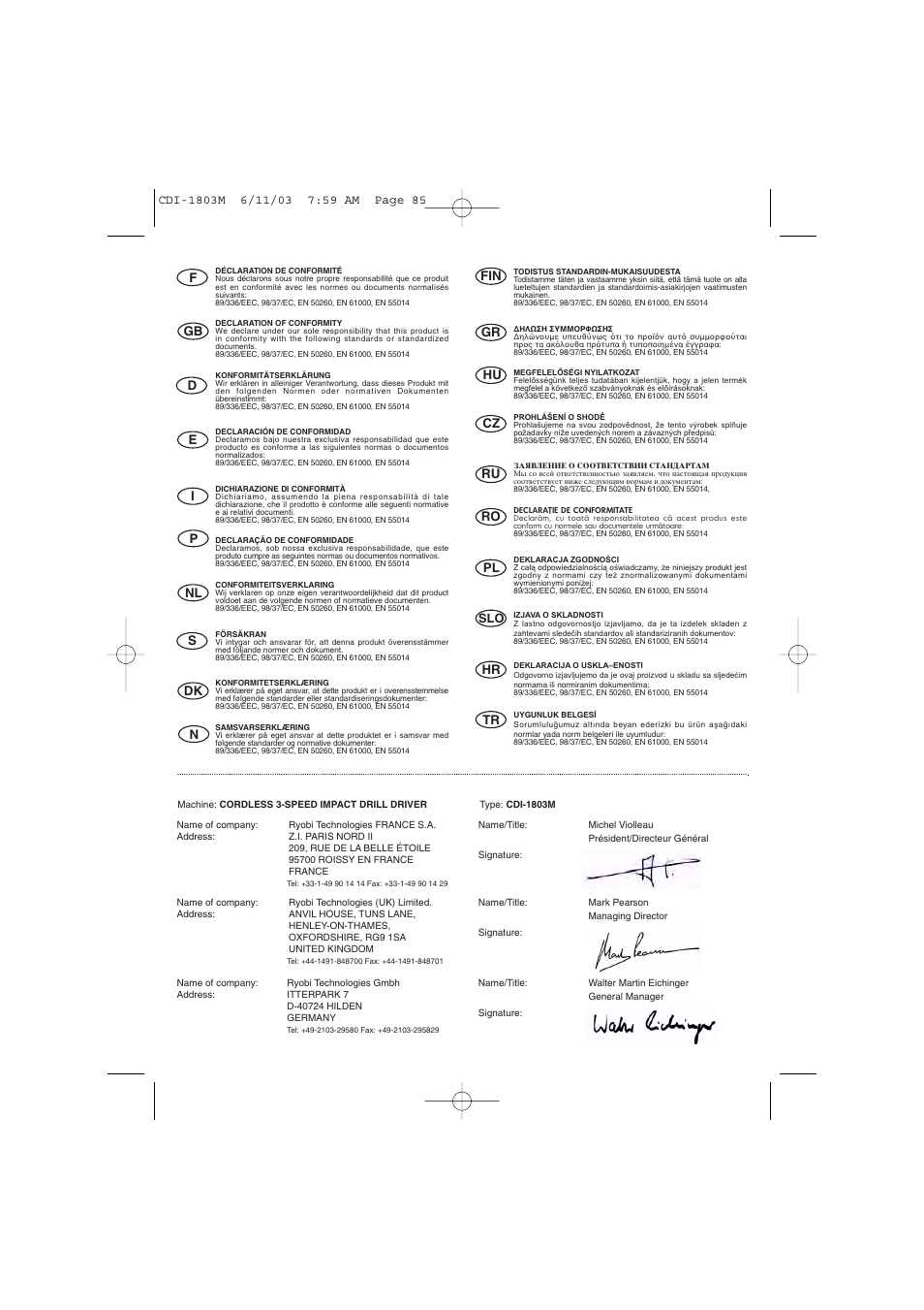 Ihu cz ru ro pl, Hr tr | Ryobi CDI-1803M User Manual | Page 49 / 50