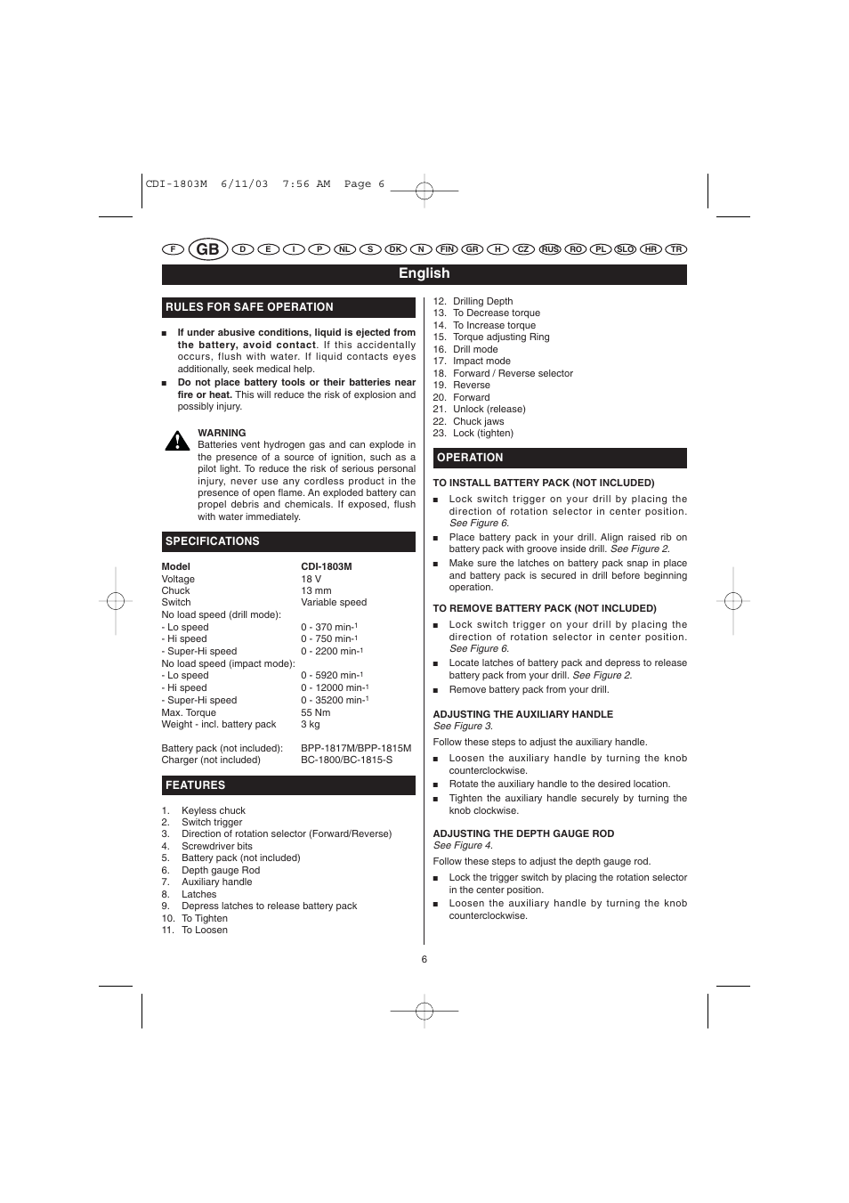 English | Ryobi CDI-1803M User Manual | Page 6 / 50