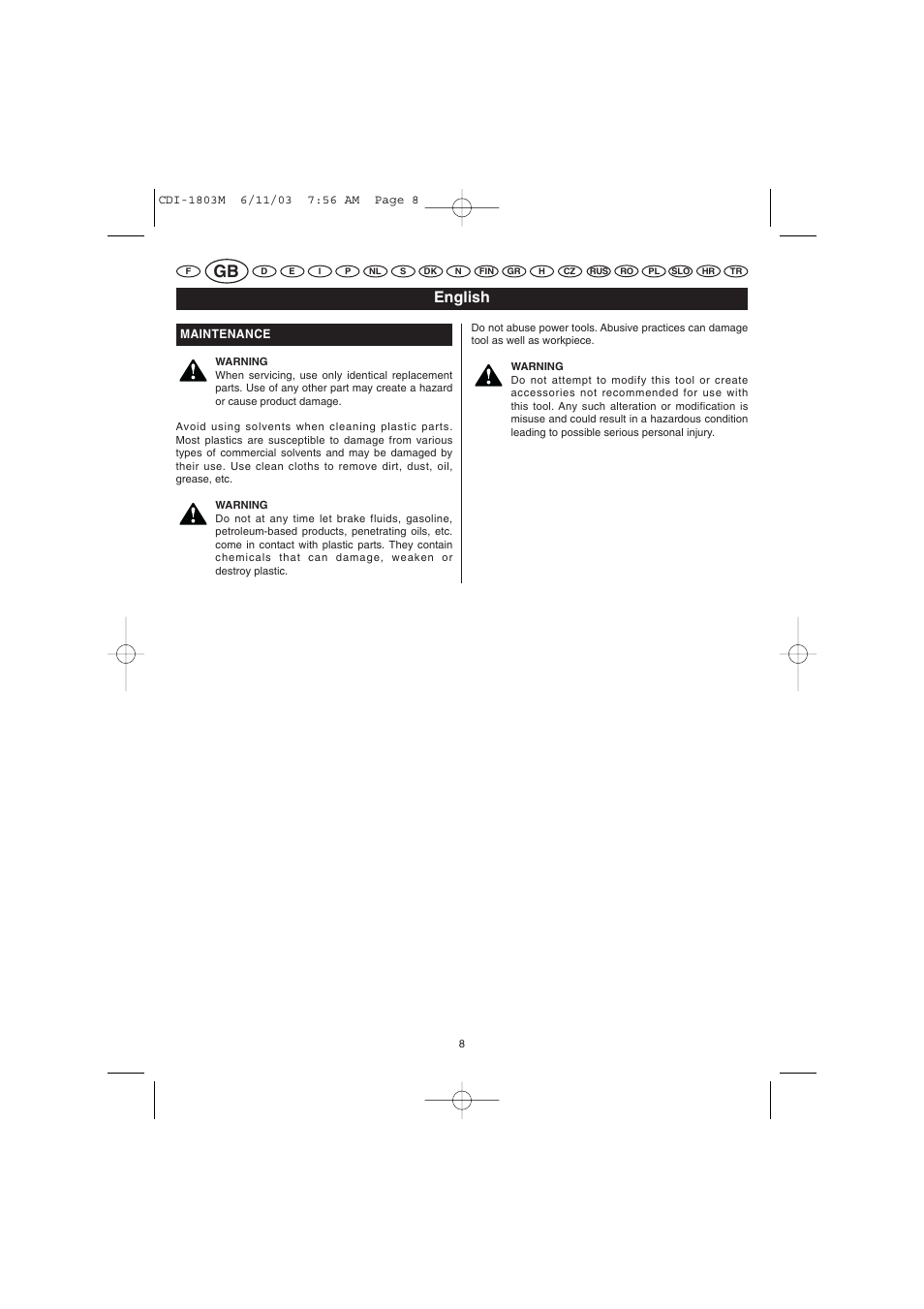 English | Ryobi CDI-1803M User Manual | Page 8 / 50