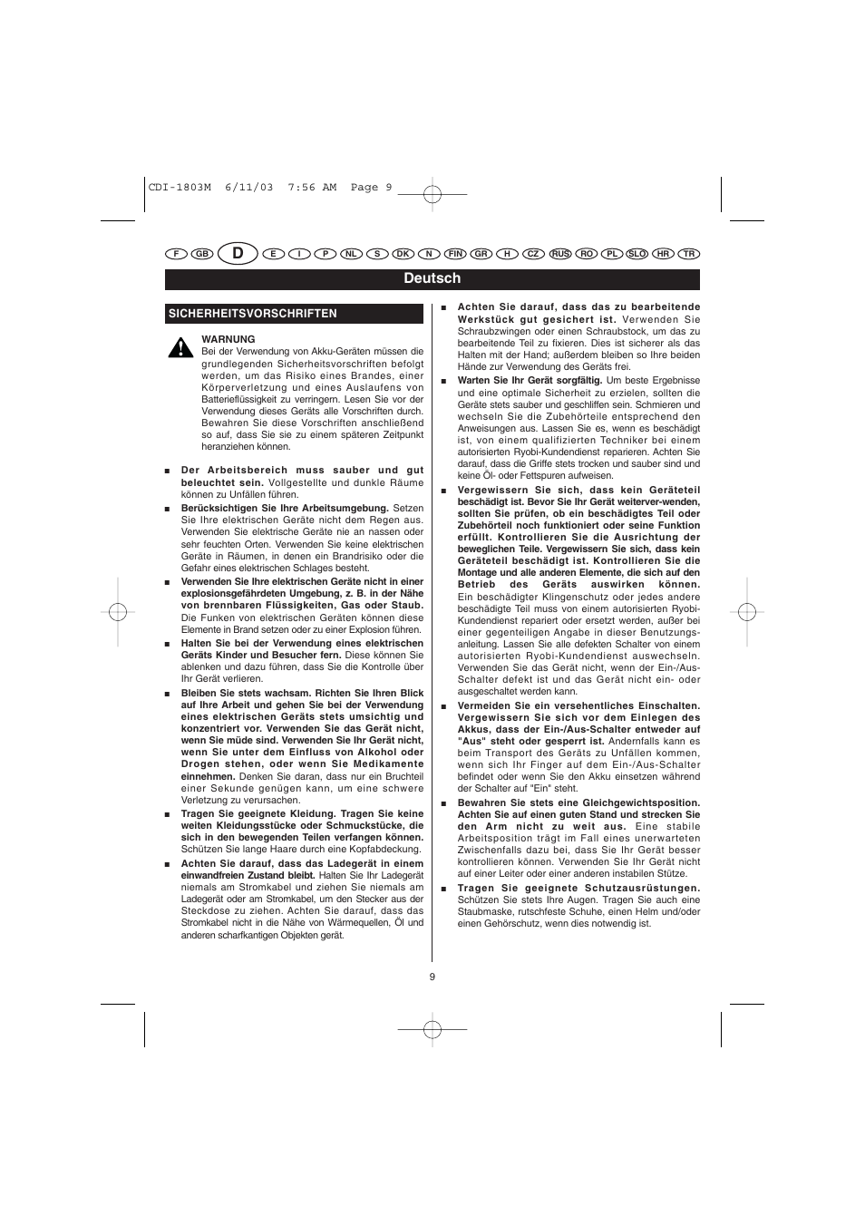 Deutsch | Ryobi CDI-1803M User Manual | Page 9 / 50