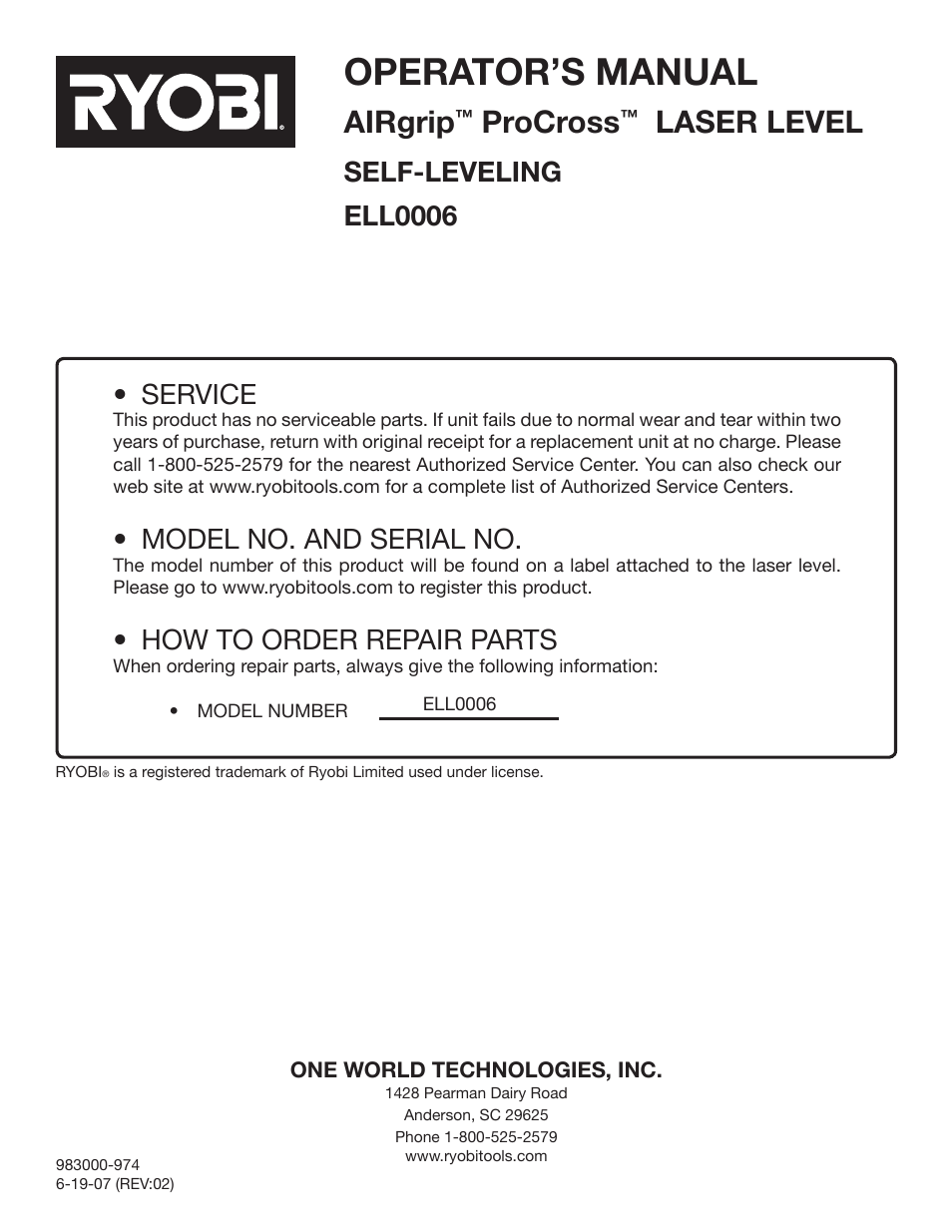 Operator’s manual, Airgrip, Procross | Laser level, Self-leveling, Ell0006, Service, Model no. and serial no, How to order repair parts | Ryobi AIRgrip ProCross ELL0006 User Manual | Page 14 / 14