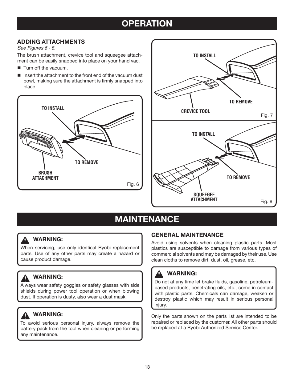 Operation, Maintenance | Ryobi P710 User Manual | Page 13 / 16