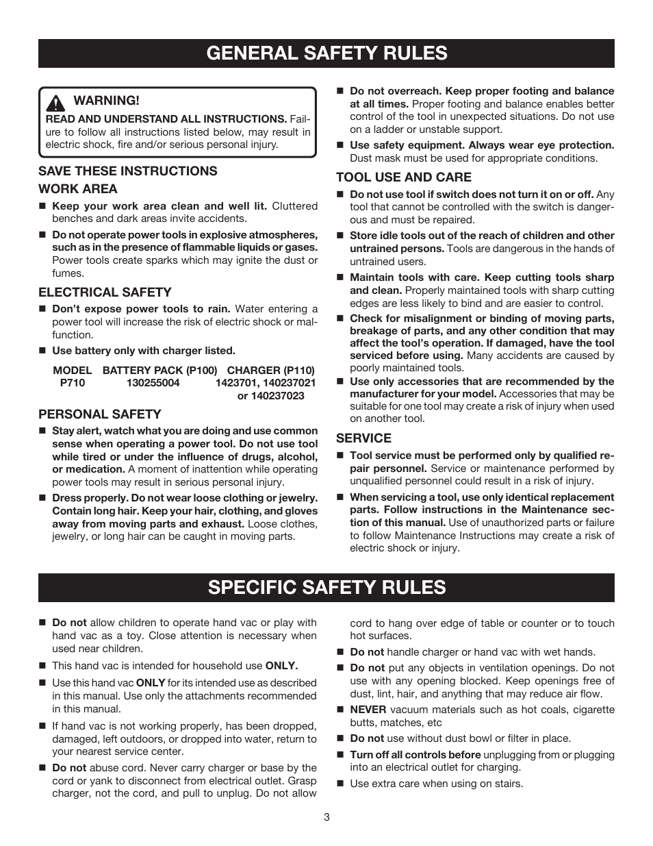 General safety rules, Specific safety rules | Ryobi P710 User Manual | Page 3 / 16