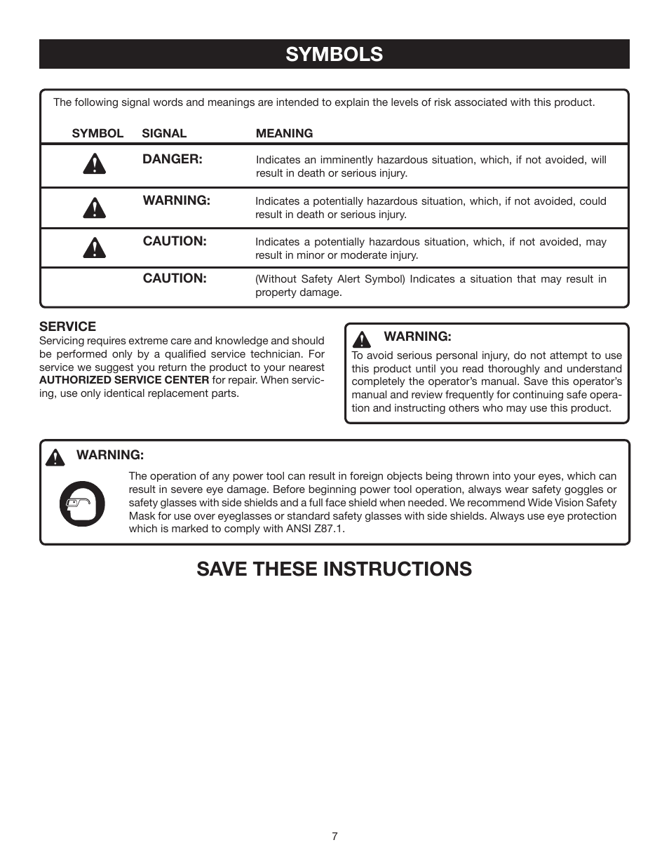 Symbols, Save these instructions | Ryobi P710 User Manual | Page 7 / 16