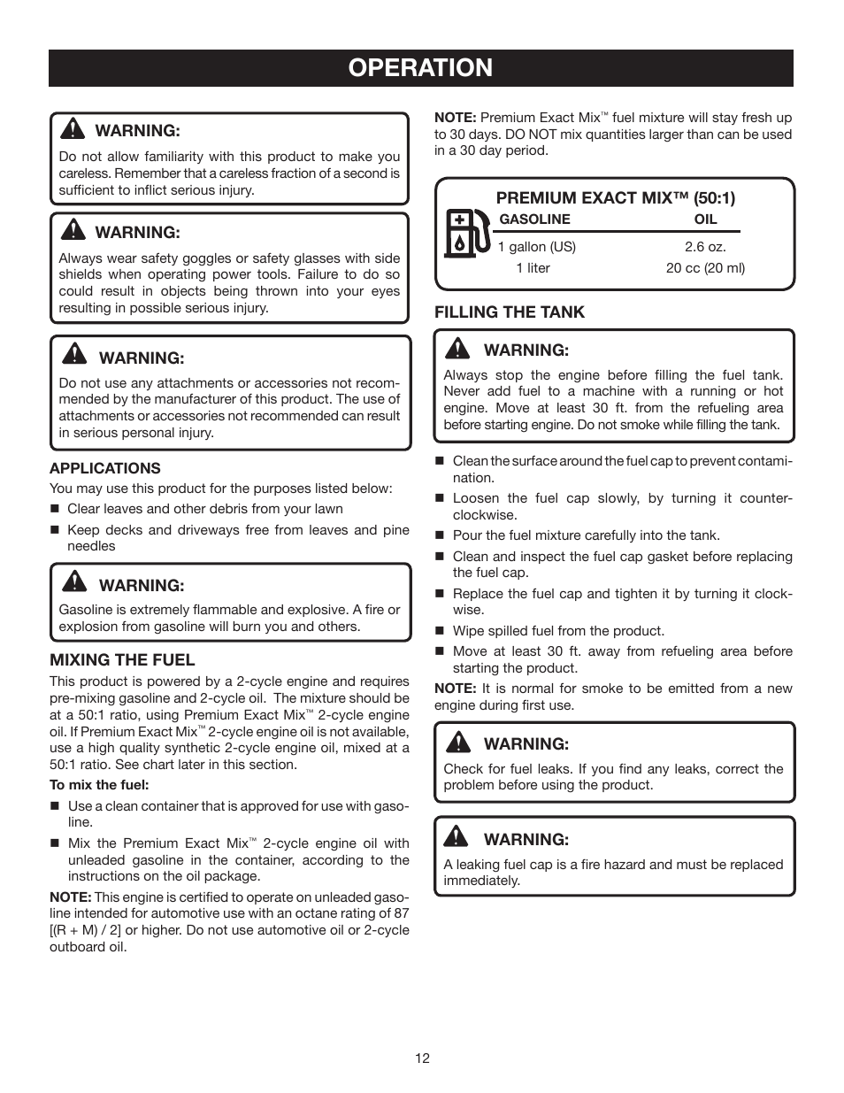 Operation | Ryobi RY09903 User Manual | Page 12 / 22