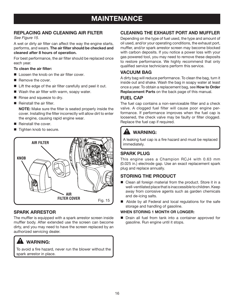 Maintenance | Ryobi RY09903 User Manual | Page 16 / 22