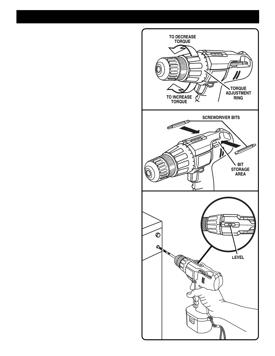 Operation, Removing bits, Screwdriving | Bit storage, Level drilling, Torque adjustment | Ryobi HP1441 User Manual | Page 10 / 14