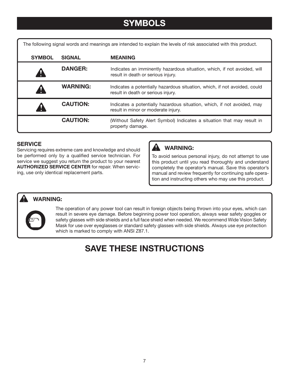 Symbols, Save these instructions | Ryobi P240 User Manual | Page 7 / 18