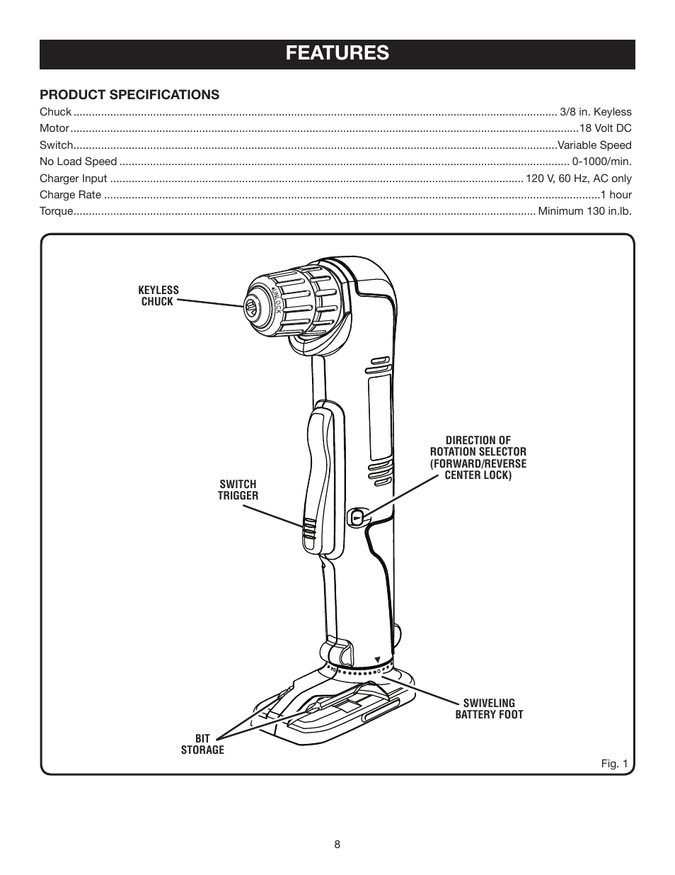 Features | Ryobi P240 User Manual | Page 8 / 18