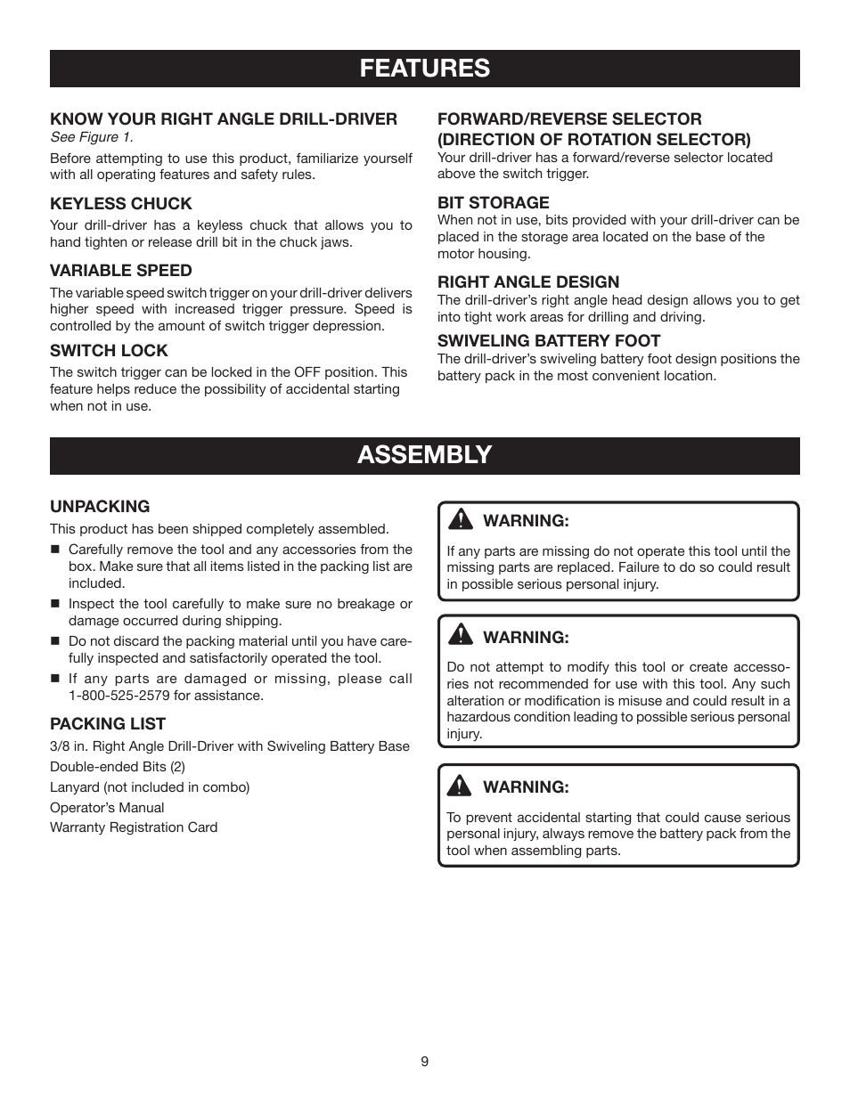 Features, Assembly | Ryobi P240 User Manual | Page 9 / 18