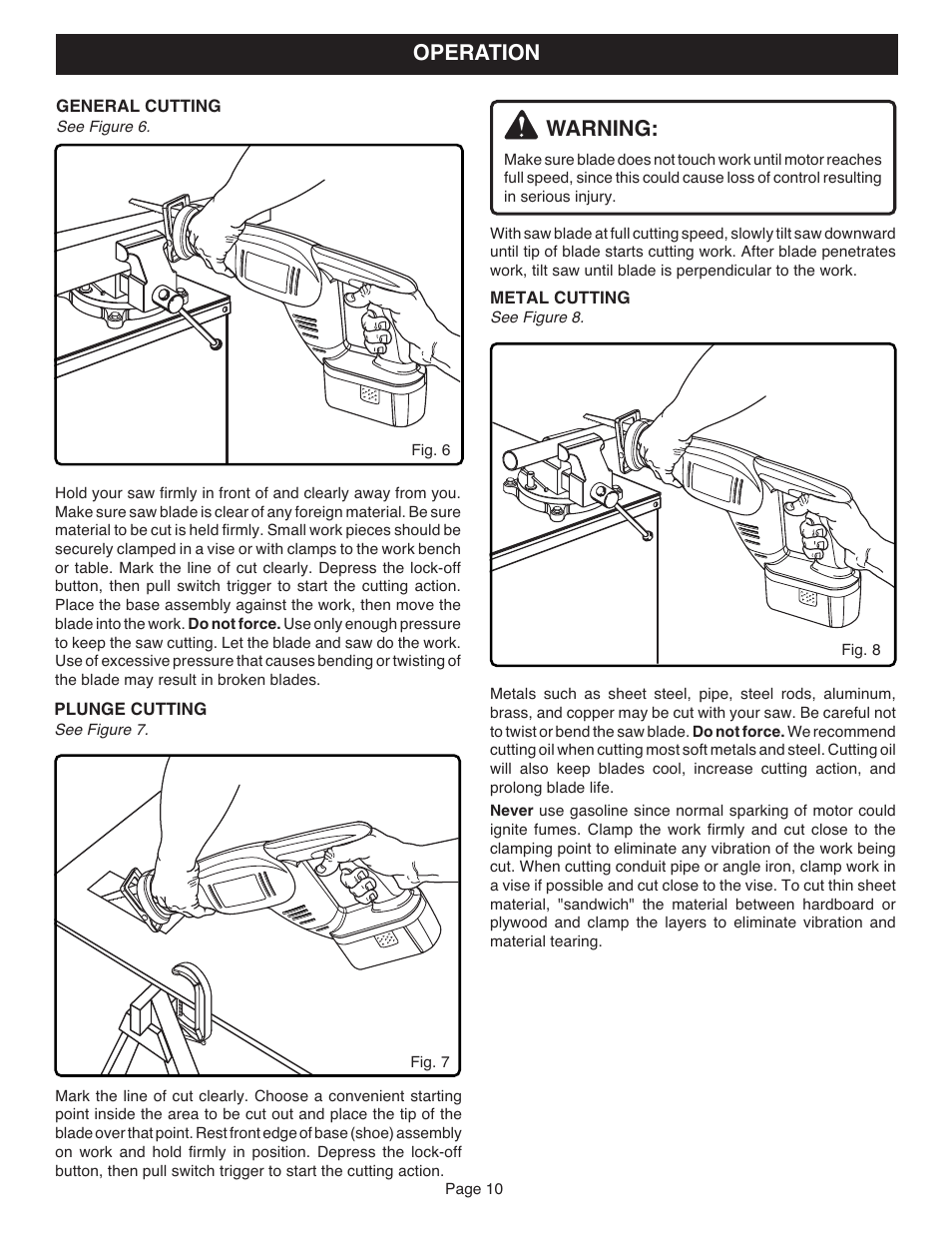 Warning, Operation | Ryobi RJC181 User Manual | Page 10 / 12