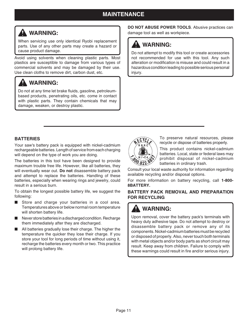 Warning, Maintenance | Ryobi RJC181 User Manual | Page 11 / 12