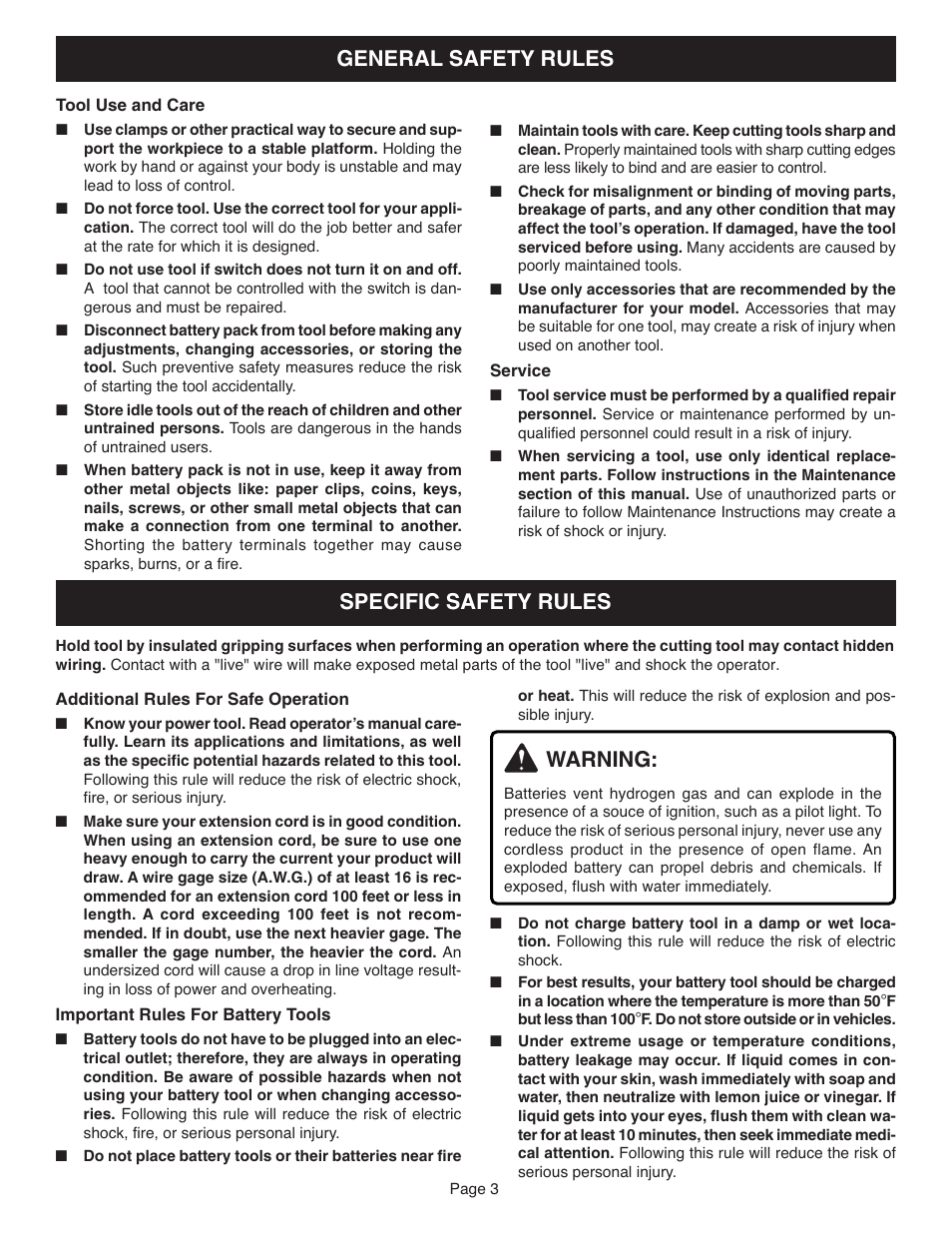 General safety rules, Specific safety rules, Warning | Ryobi RJC181 User Manual | Page 3 / 12