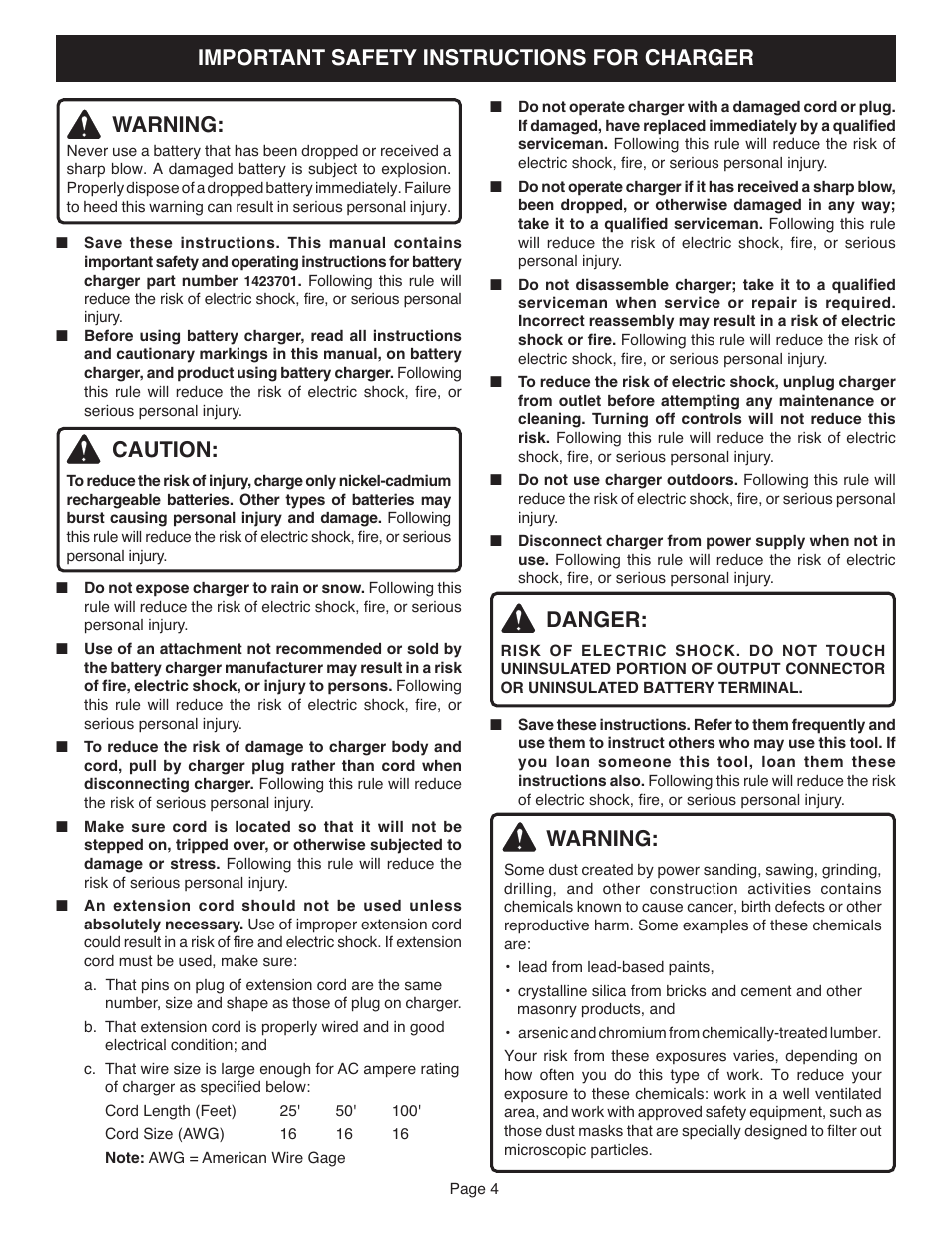 Important safety instructions for charger warning, Caution, Danger | Warning | Ryobi RJC181 User Manual | Page 4 / 12