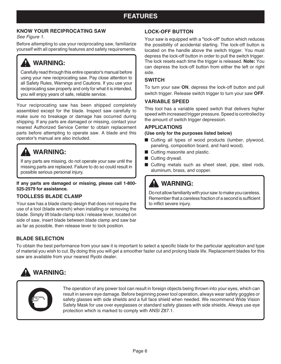 Warning, Features | Ryobi RJC181 User Manual | Page 6 / 12