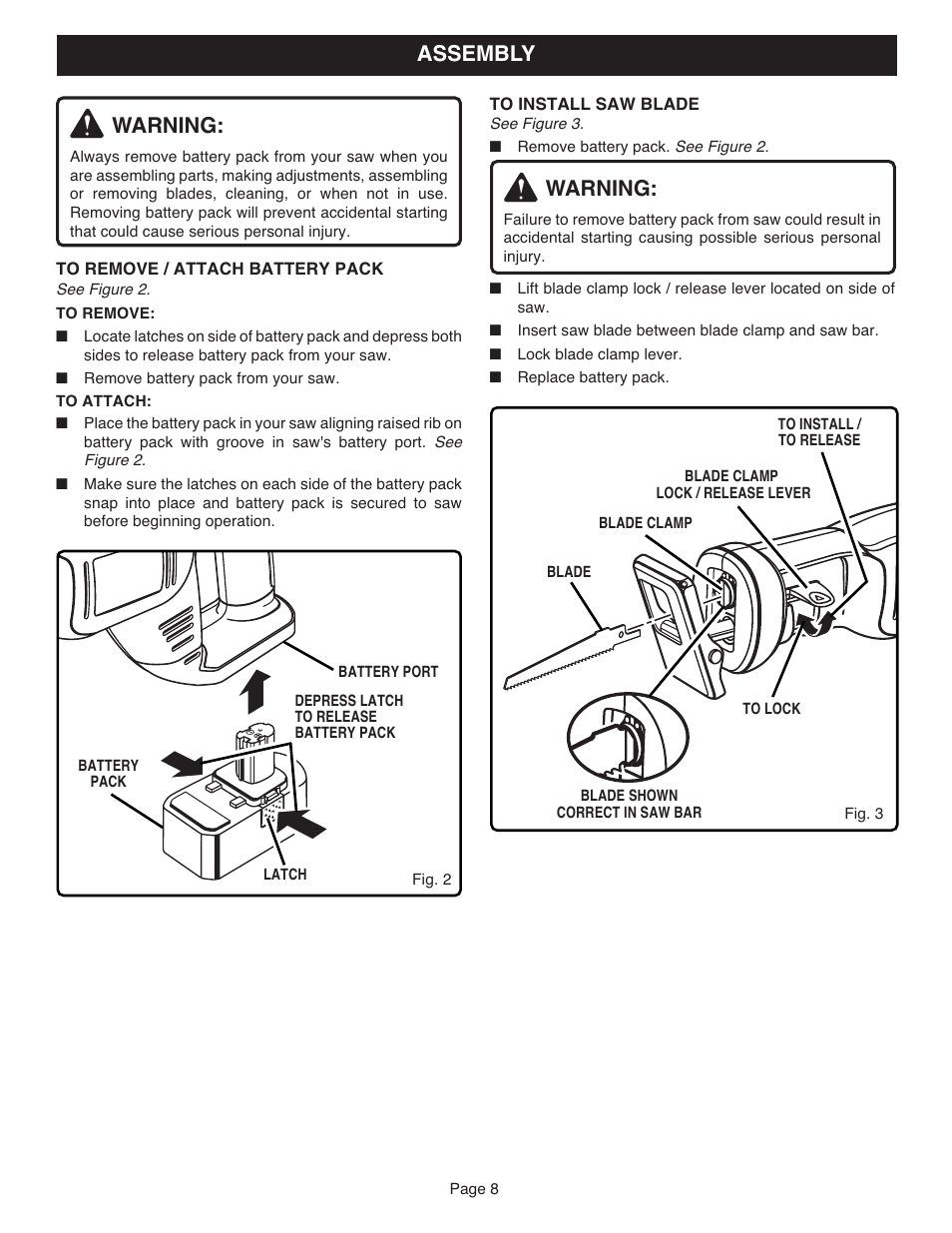 Warning, Assembly | Ryobi RJC181 User Manual | Page 8 / 12