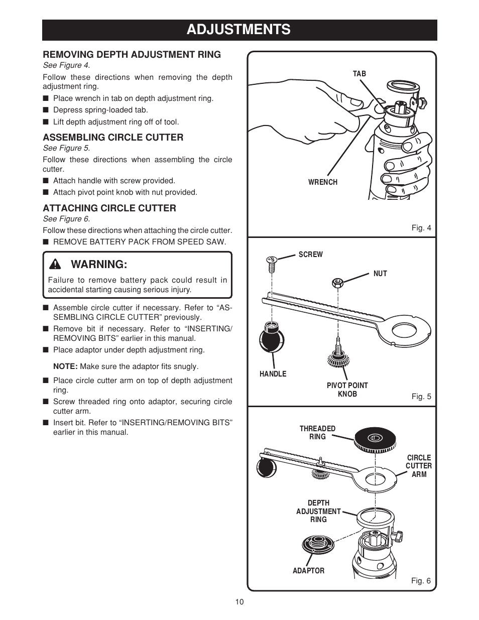 Adjustments, Warning | Ryobi SS180 User Manual | Page 10 / 16