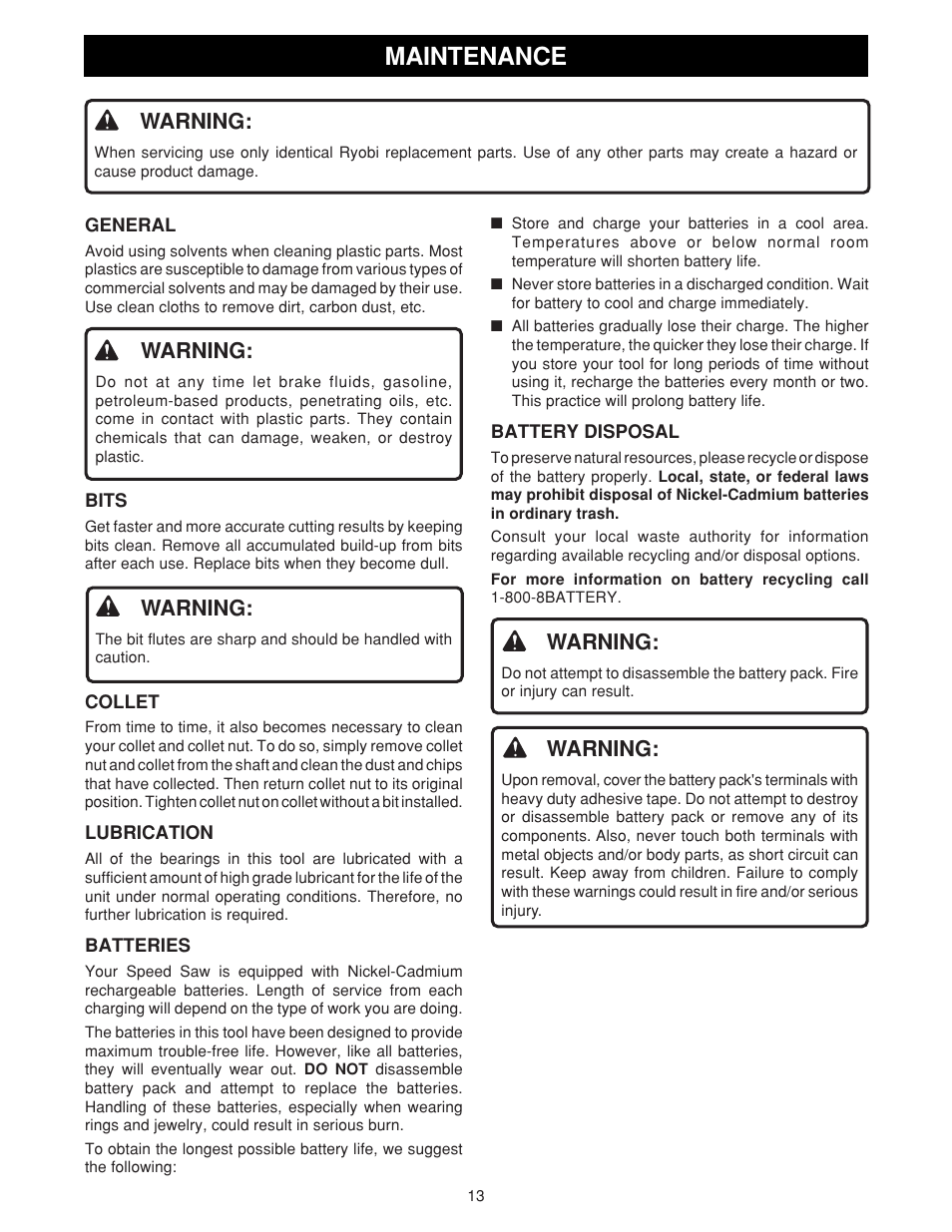 Maintenance, Warning | Ryobi SS180 User Manual | Page 13 / 16