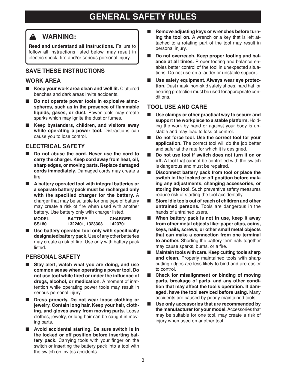 General safety rules, Warning | Ryobi SS180 User Manual | Page 3 / 16