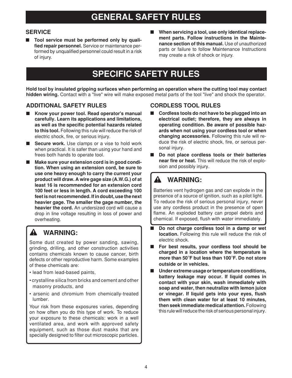 Specific safety rules, General safety rules, Warning | Ryobi SS180 User Manual | Page 4 / 16