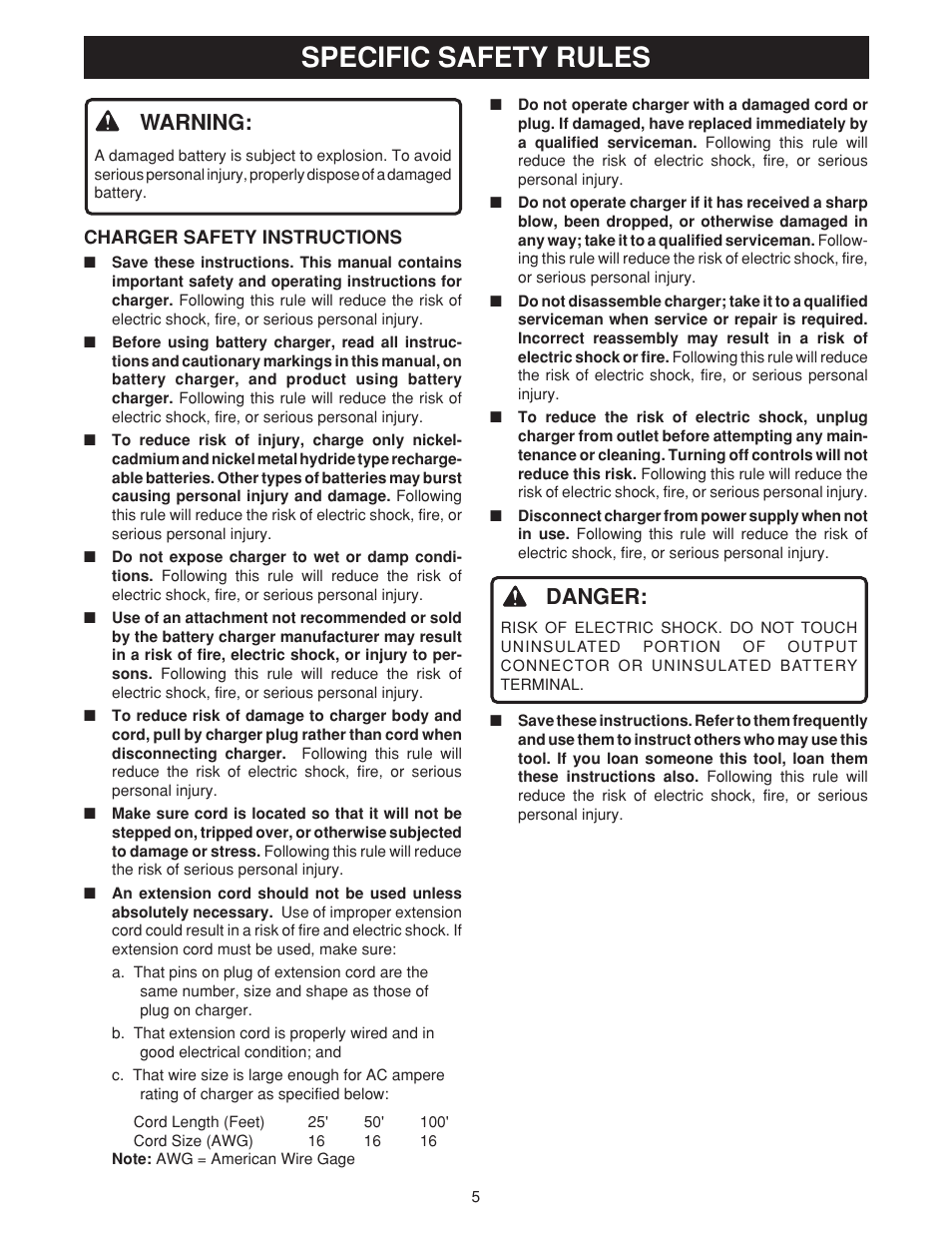 Specific safety rules, Warning, Danger | Ryobi SS180 User Manual | Page 5 / 16