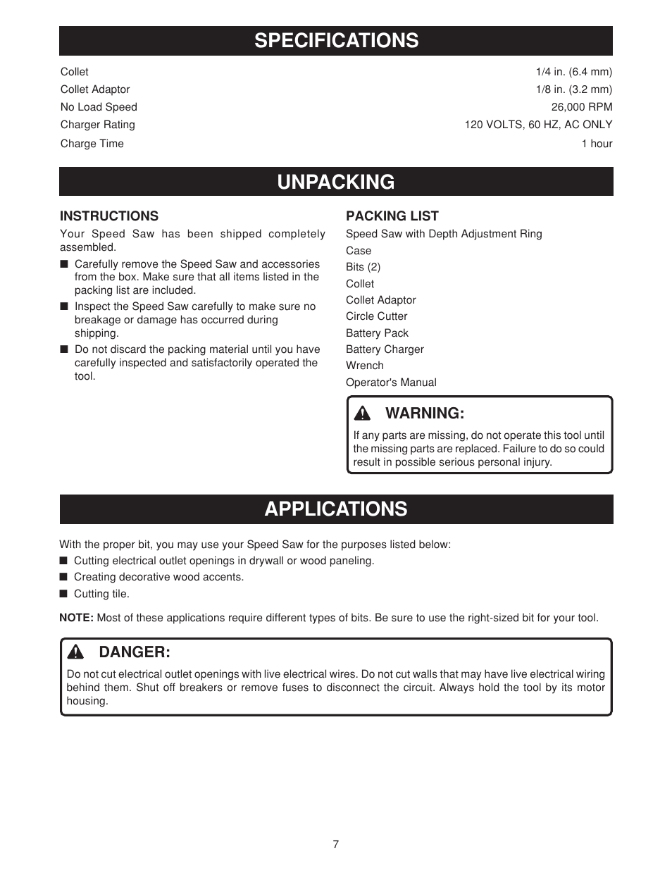 Specifications unpacking, Applications, Danger | Warning | Ryobi SS180 User Manual | Page 7 / 16