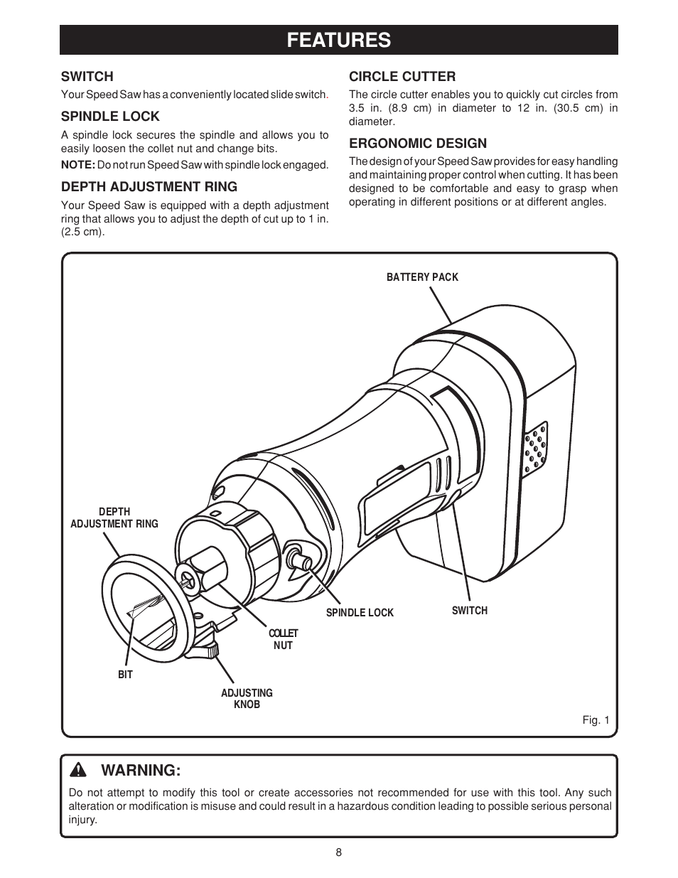 Features, Warning | Ryobi SS180 User Manual | Page 8 / 16