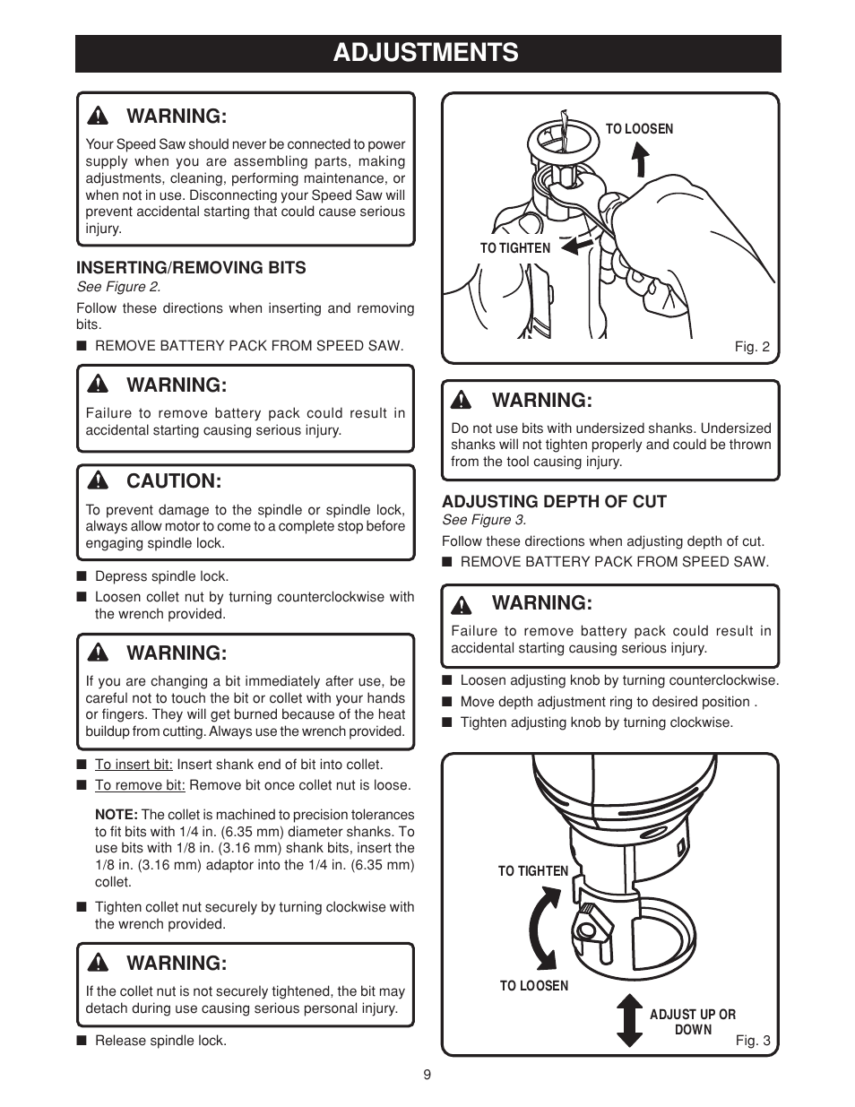Adjustments, Warning, Caution | Ryobi SS180 User Manual | Page 9 / 16
