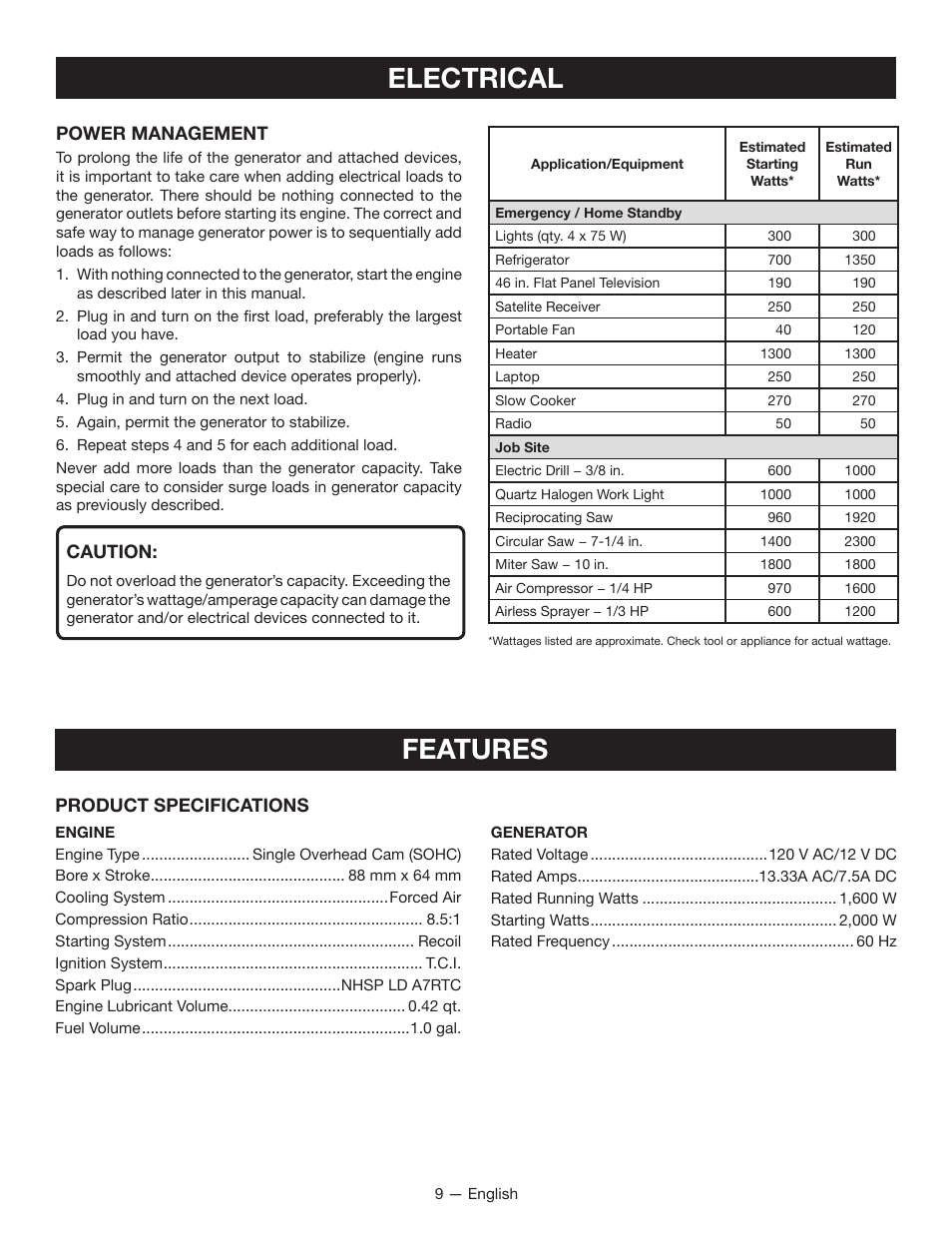 Electrical, Features | Ryobi RYI2000T User Manual | Page 13 / 64