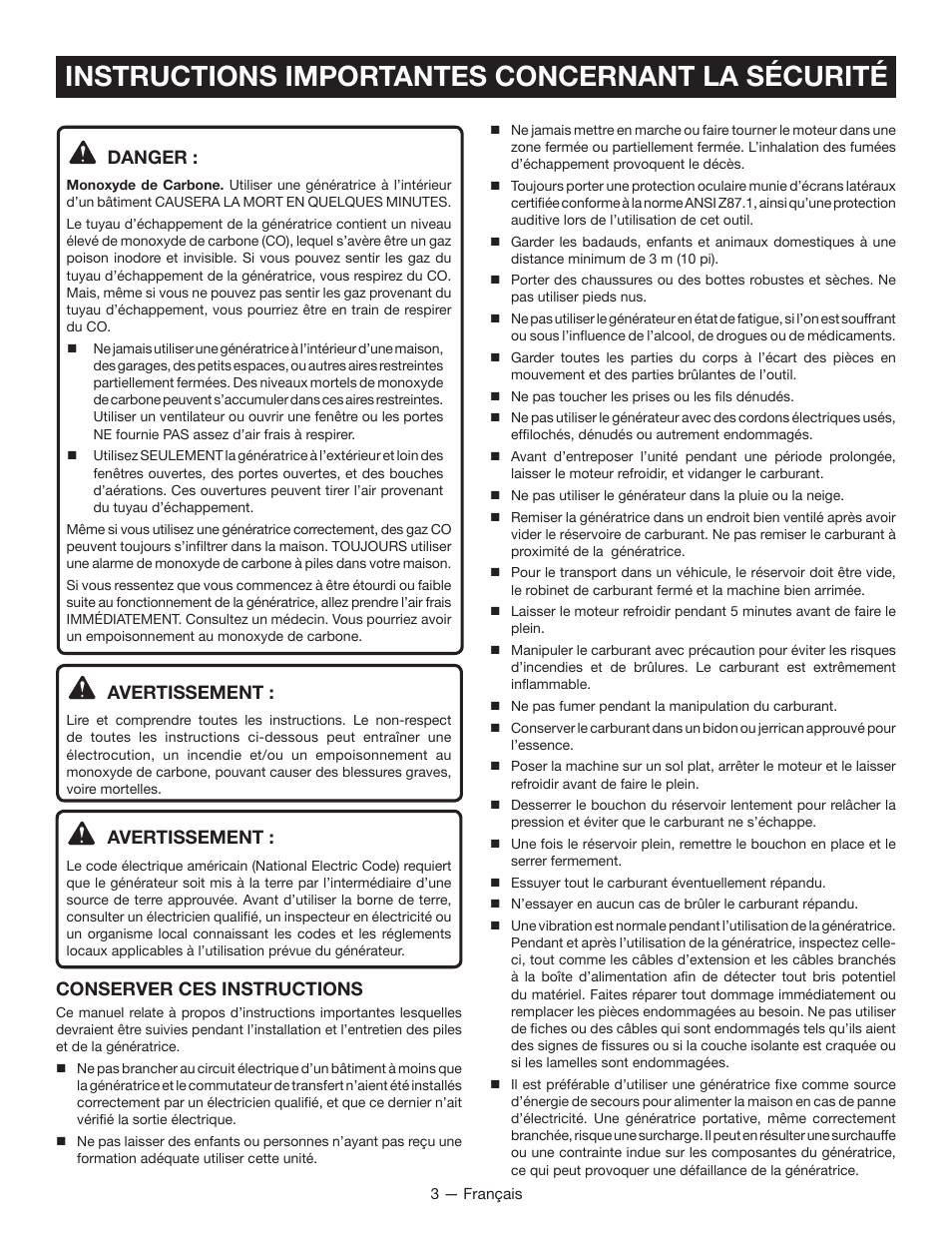 Instructions importantes concernant la sécurité, Danger, Avertissement | Conserver ces instructions | Ryobi RYI2000T User Manual | Page 26 / 64