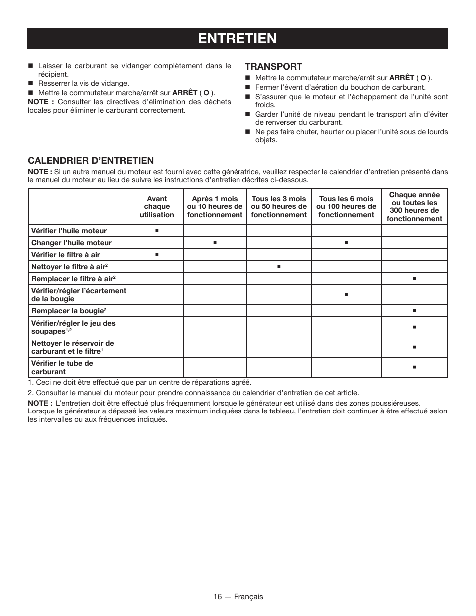 Entretien, Calendrier d’entretien, Transport | Ryobi RYI2000T User Manual | Page 39 / 64