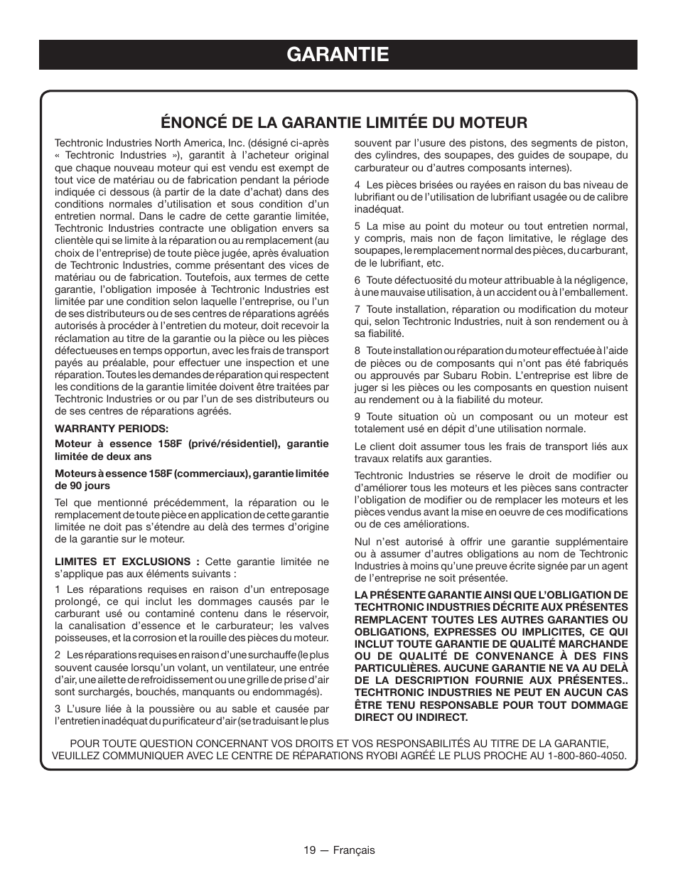 Garantie, Énoncé de la garantie limitée du moteur | Ryobi RYI2000T User Manual | Page 42 / 64
