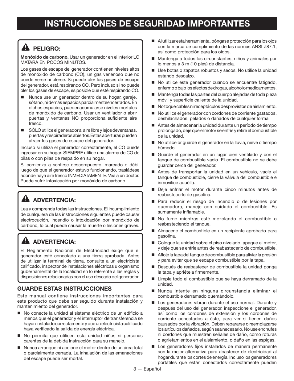 Instrucciones de seguridad importantes, Peligro, Advertencia | Guarde estas instrucciones | Ryobi RYI2000T User Manual | Page 45 / 64