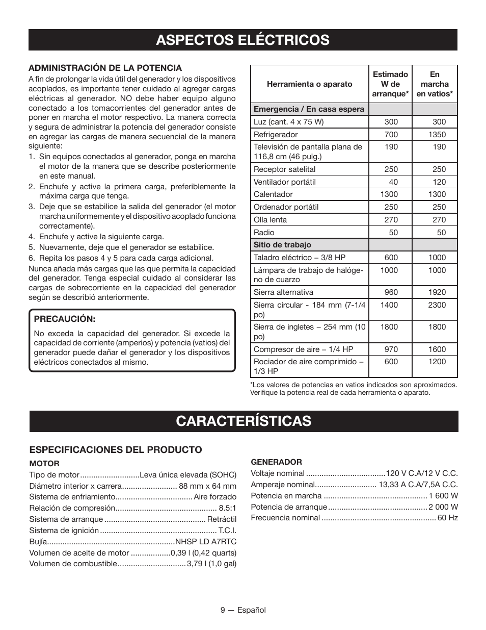 Aspectos eléctricos, Características | Ryobi RYI2000T User Manual | Page 51 / 64