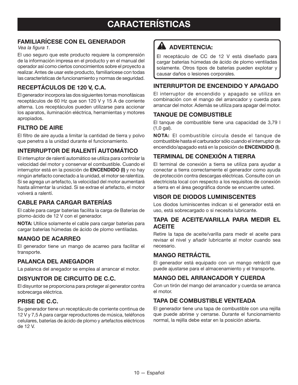 Características | Ryobi RYI2000T User Manual | Page 52 / 64