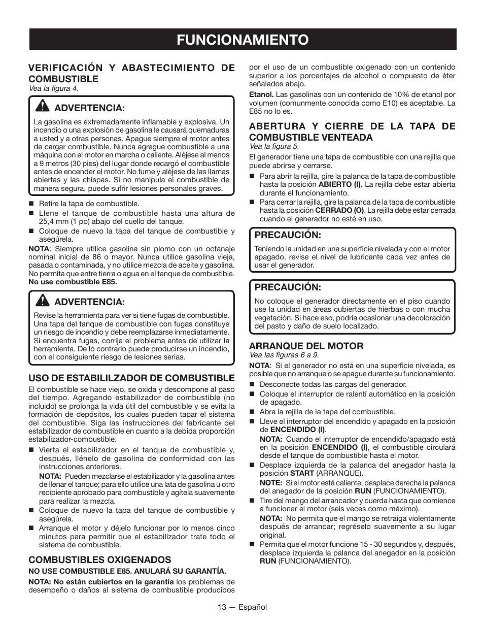 Funcionamiento, Verificación y abastecimiento de combustible, Advertencia | Uso de estabililzador de combustible, Combustibles oxigenados, Precaución, Arranque del motor | Ryobi RYI2000T User Manual | Page 55 / 64