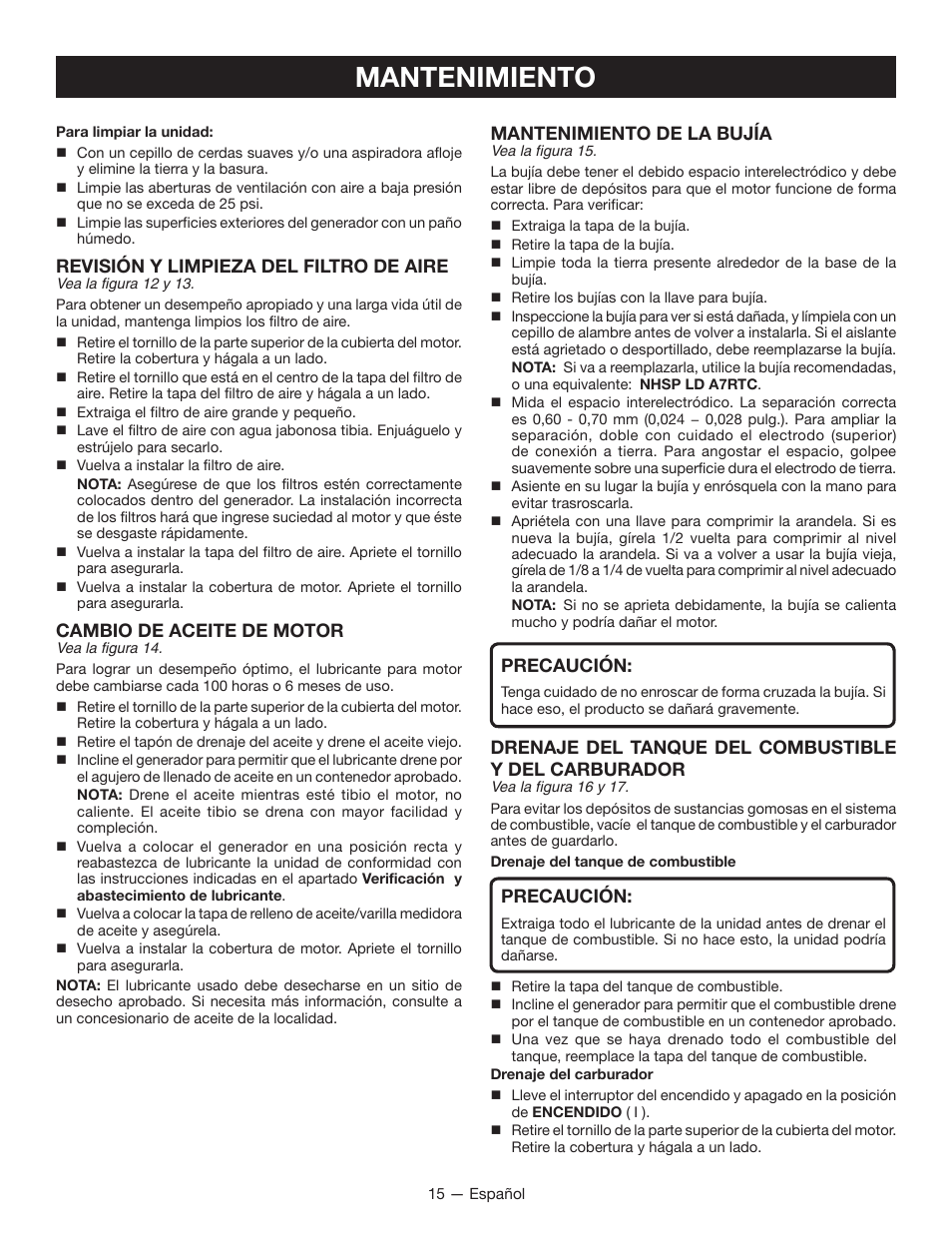 Mantenimiento, Mantenimiento de la bujía, Precaución | Revisión y limpieza del filtro de aire, Cambio de aceite de motor | Ryobi RYI2000T User Manual | Page 57 / 64